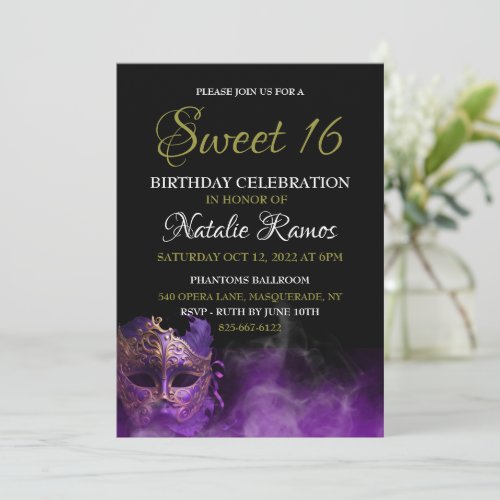 Purple Masquerade Sweet 16 Invitation