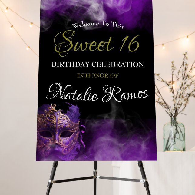 Purple Masquerade Sweet 16 Welcome Sign (In Situ (Stand))