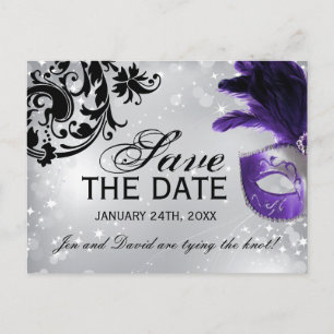 Purple Masquerade Wedding Save the Date Announcement Postcard