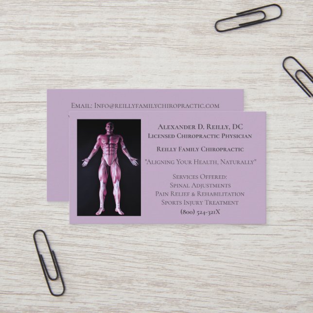 Purple Massage Therapy Chiropractic Doctor Business Card (Front/Back In Situ)