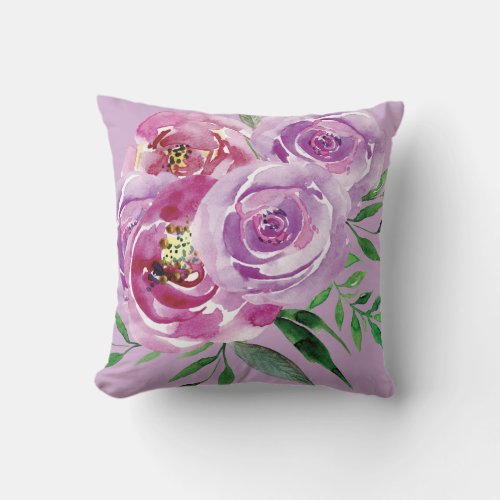 Purple mauve and lilac watercolor peony roses throw pillow