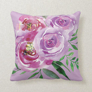Purple mauve and lilac watercolor peony roses throw pillow