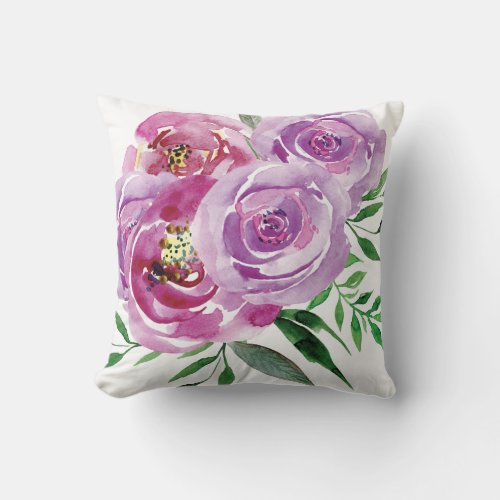 Purple mauve and lilac watercolor peony roses throw pillow