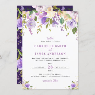 purple, mauve and peach floral wedding invitation