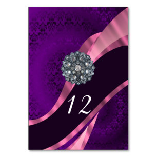 Purple mauve,and pink damask wedding table number
