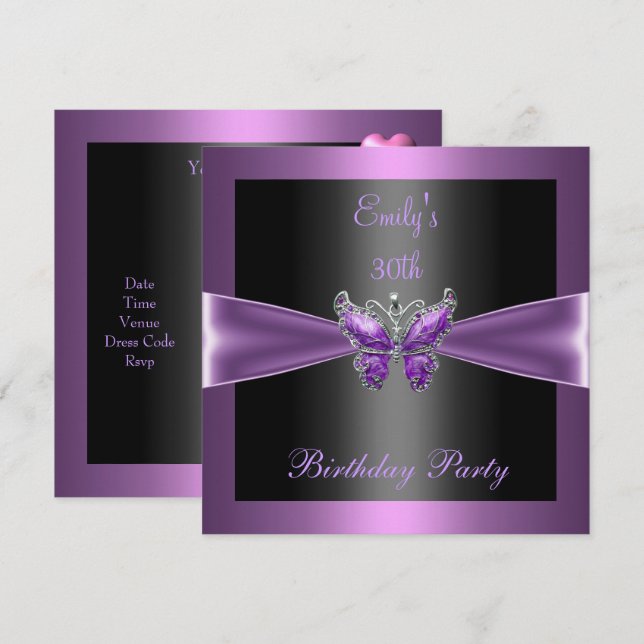 Purple Mauve Black Butterfly 30th Birthday Party Invitation (Front/Back)