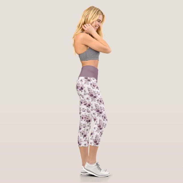 Purple Mauve Floral Flowers Yoga Exercise  Capri Leggings (Right)