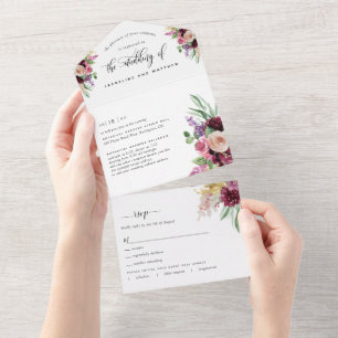 Purple Mauve Floral Wedding Tear Off RSVP All In One Invitation