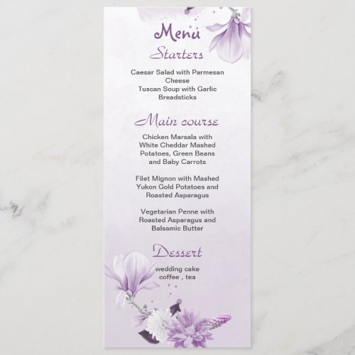 purple mauve flowers botanical wedding menu