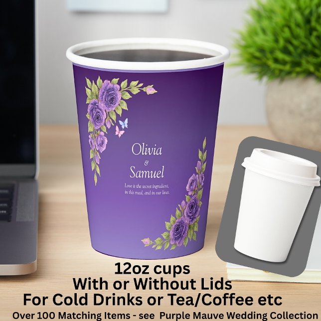 Purple Mauve Flowers & White Wedding 12oz Paper Cups (Creator Uploaded)