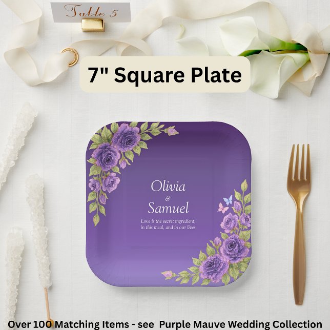 Purple Mauve Flowers & White Wedding  7" Square Paper Plates (Creator Uploaded)