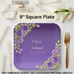 Purple Mauve Flowers &amp; White Wedding  9&quot; Square Paper Plates