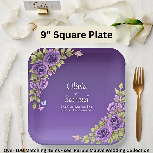 Purple Mauve Flowers & White Wedding  9" Square Paper Plates (Creator Uploaded)