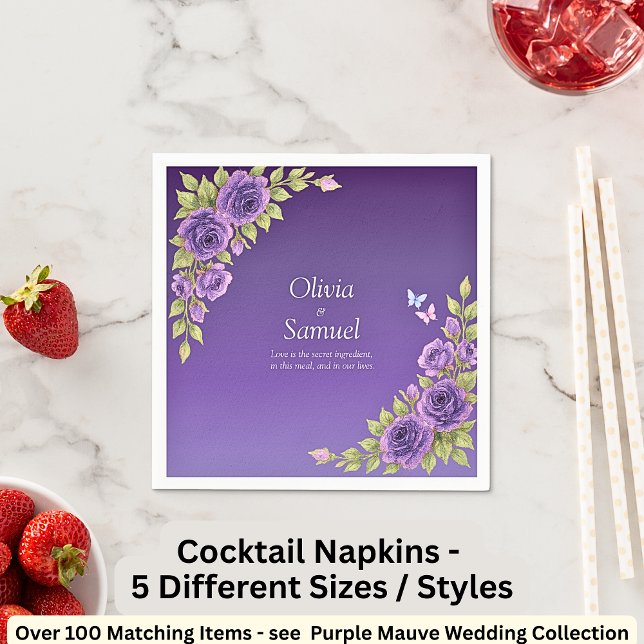Purple Mauve Flowers & White Wedding  Cocktail  Napkins (Creator Uploaded)