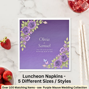 Purple Mauve Flowers & White Wedding  Luncheon Napkins