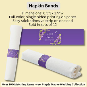 Purple Mauve Flowers & White Wedding Napkin Bands