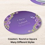 Purple Mauve Flowers &amp; White Wedding   Round Paper Coaster