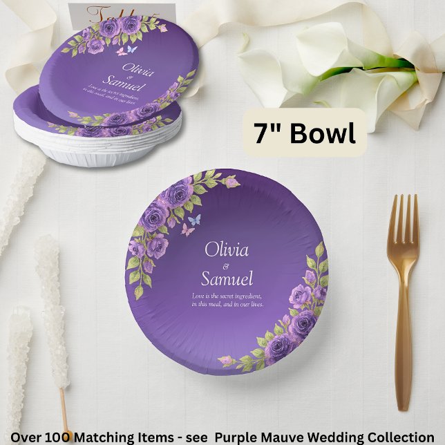 Purple Mauve Flowers & White Wedding Suite  7" Paper Bowls (Creator Uploaded)