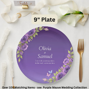 Purple Mauve Flowers & White Wedding Suite 9" Paper Plates