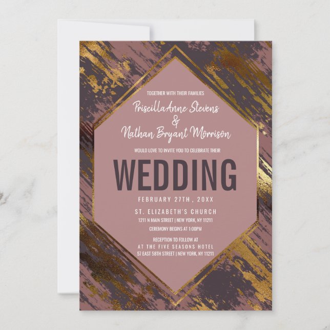 Purple Mauve Gold Brushstrokes Modern Wedding Invitation (Front)
