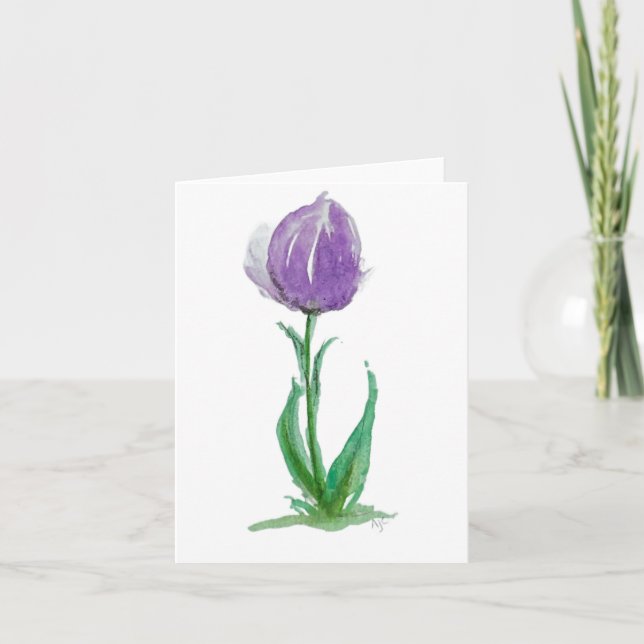 Purple mauve & green tulip - folded blank card (Front)