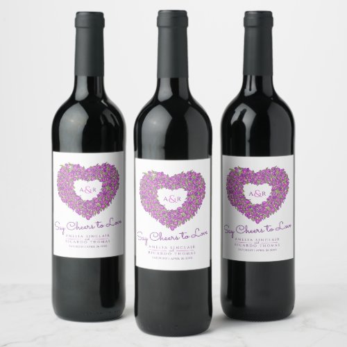 Purple mauve inked tulip heart bouquet wedding wine label