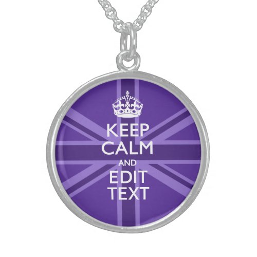 Purple Mauve Keep Calm And Your Text Union Jack Sterling Silver Necklace