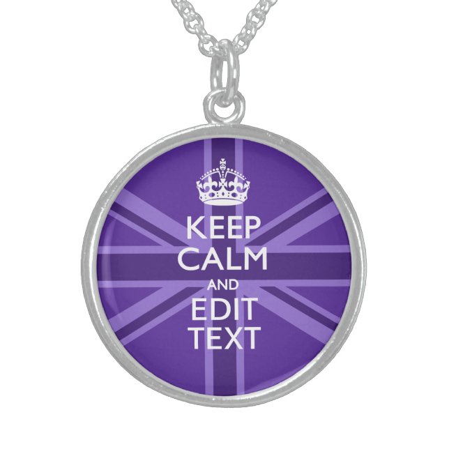 Purple Mauve Keep Calm And Your Text Union Jack Sterling Silver Necklace (Front)
