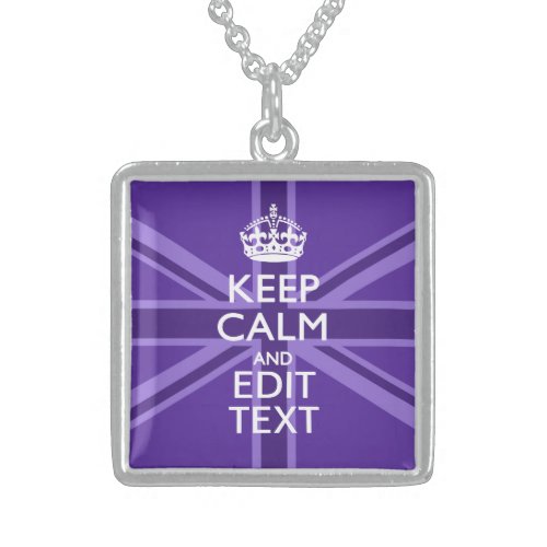 Purple Mauve Keep Calm And Your Text Union Jack Sterling Silver Necklace