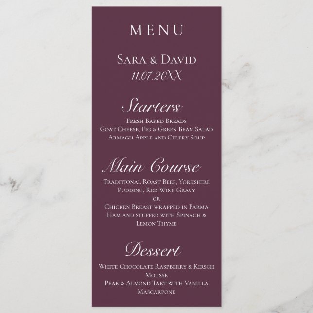 Purple Mauve Modern Dark Wedding Menu Card (Front)