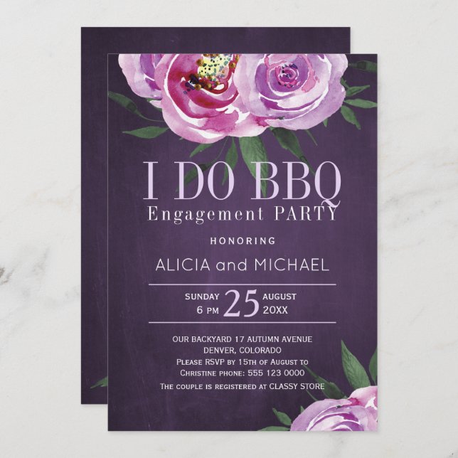 Purple mauve peonies engagement i do bbq party invitation (Front/Back)