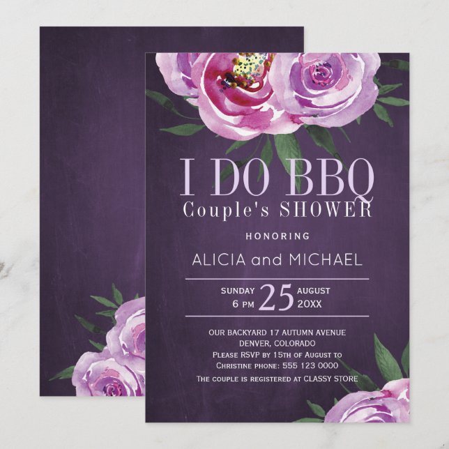 Purple mauve peonies i do bbq couples shower invitation (Front/Back)