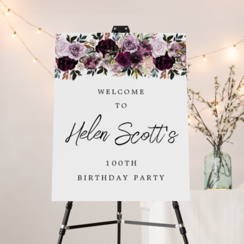 Purple Mauve Pink 100th Birthday Party Welcome Foam Board