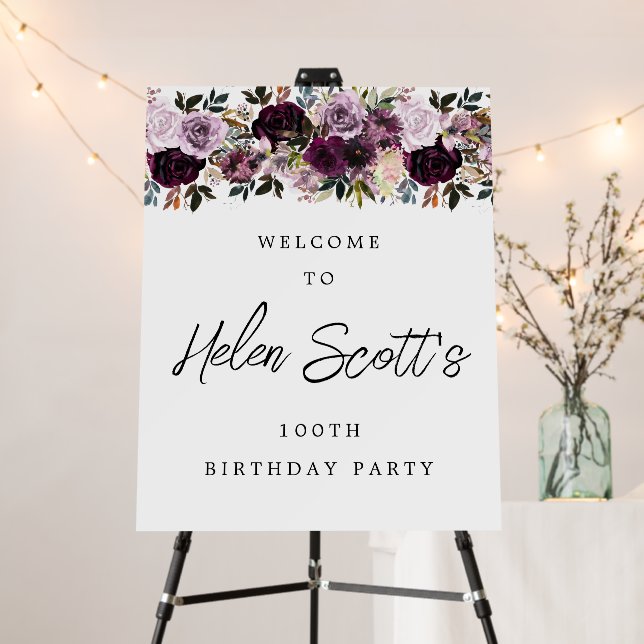 Purple Mauve Pink 100th Birthday Party Welcome Foam Board (In Situ (Stand))