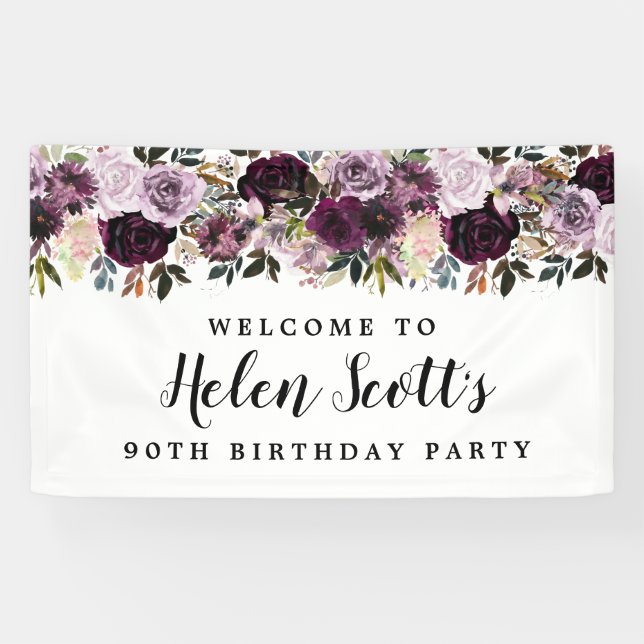 Purple Mauve Pink 90th Birthday Party Welcome Banner (Horizontal)