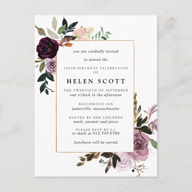 Purple Mauve Pink Floral 100th Birthday Invitation Postcard (Front)