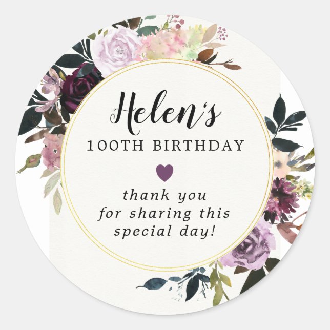 Purple Mauve Pink Floral 100th Birthday Thank You Classic Round Sticker (Front)