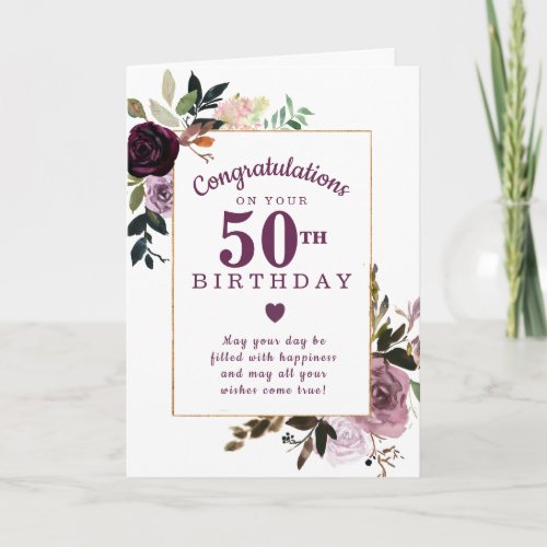 Purple Mauve Pink Floral 50th Birthday Card