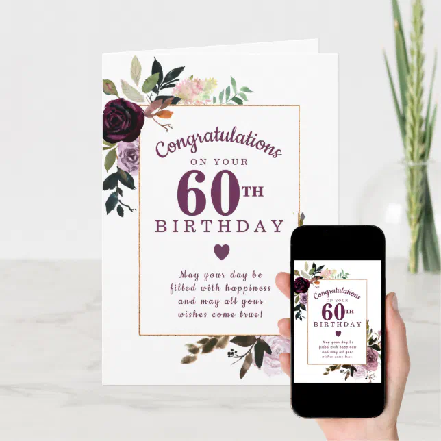 Purple Mauve Pink Floral 60th Birthday Card | Zazzle