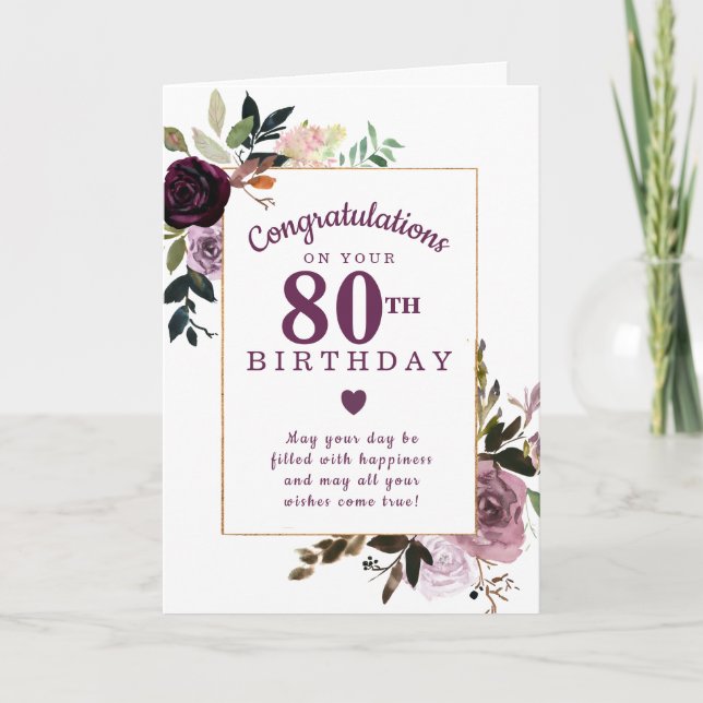 Purple Mauve Pink Floral 80th Birthday Card (Front)