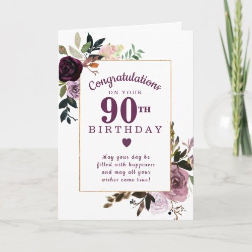 Purple Mauve Pink Floral 90th Birthday Card