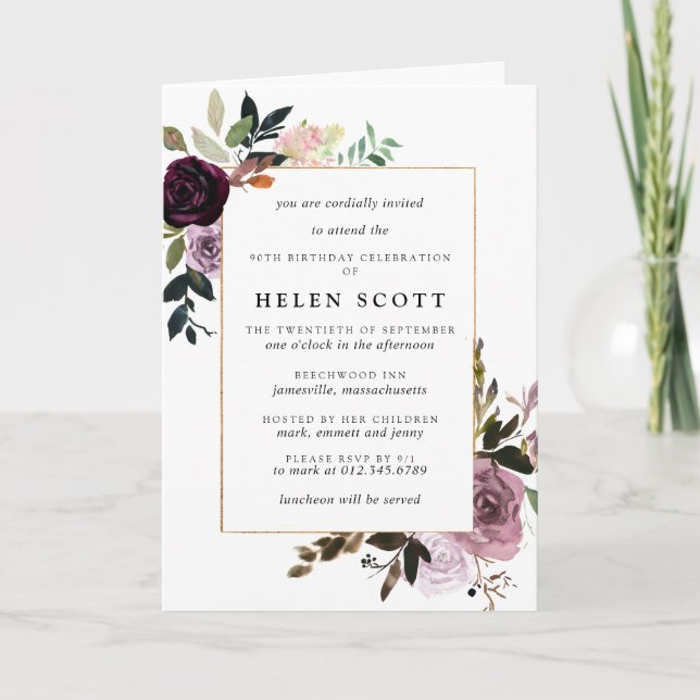 Purple Mauve Pink Floral 90th Birthday Folded Invitation (Front)