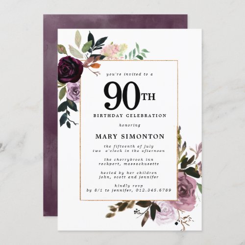 Purple Mauve Pink Floral 90th Birthday Invitation