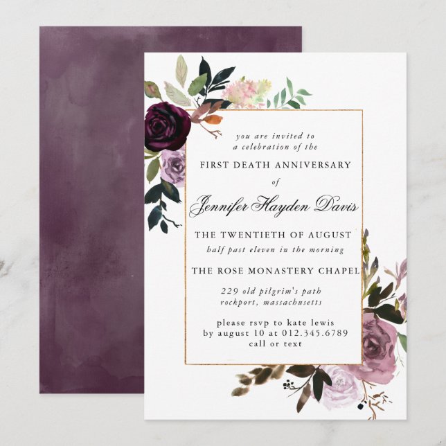 Purple Mauve Pink Floral First Death Anniversary Invitation (Front/Back)