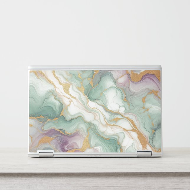 Purple Mauve Pink Green Gold Marble Pattern HP Laptop Skin (Front)