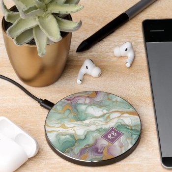 Purple Mauve Pink Green Gold Marble Pattern Wireless Charger by CaseConceptCreations at Zazzle