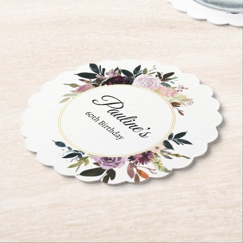 Purple Mauve Rose Floral 60th Birthday Party Paper Coaster