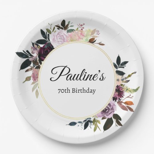 Purple Mauve Rose Floral 70th Birthday Party Paper Plates