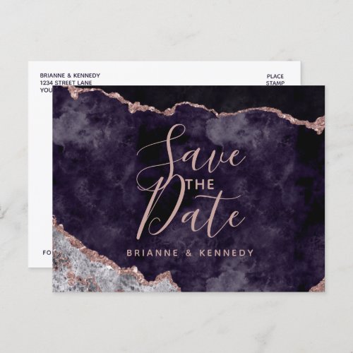 Purple Mauve Rose Gold Agate Marble Save the Date Announcement Postcard
