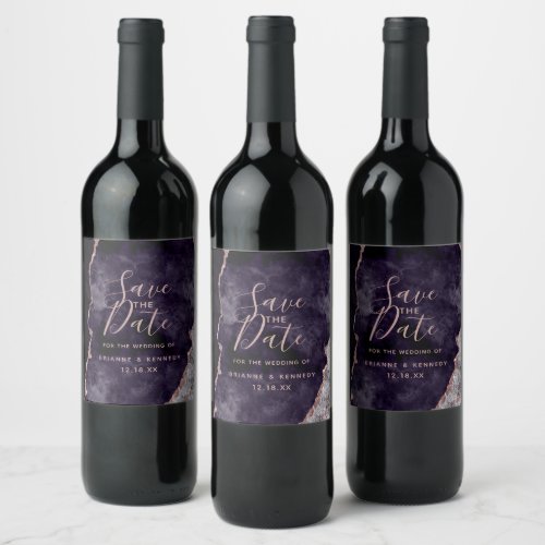 Purple Mauve Rose Gold Agate Marble Save the Date Wine Label